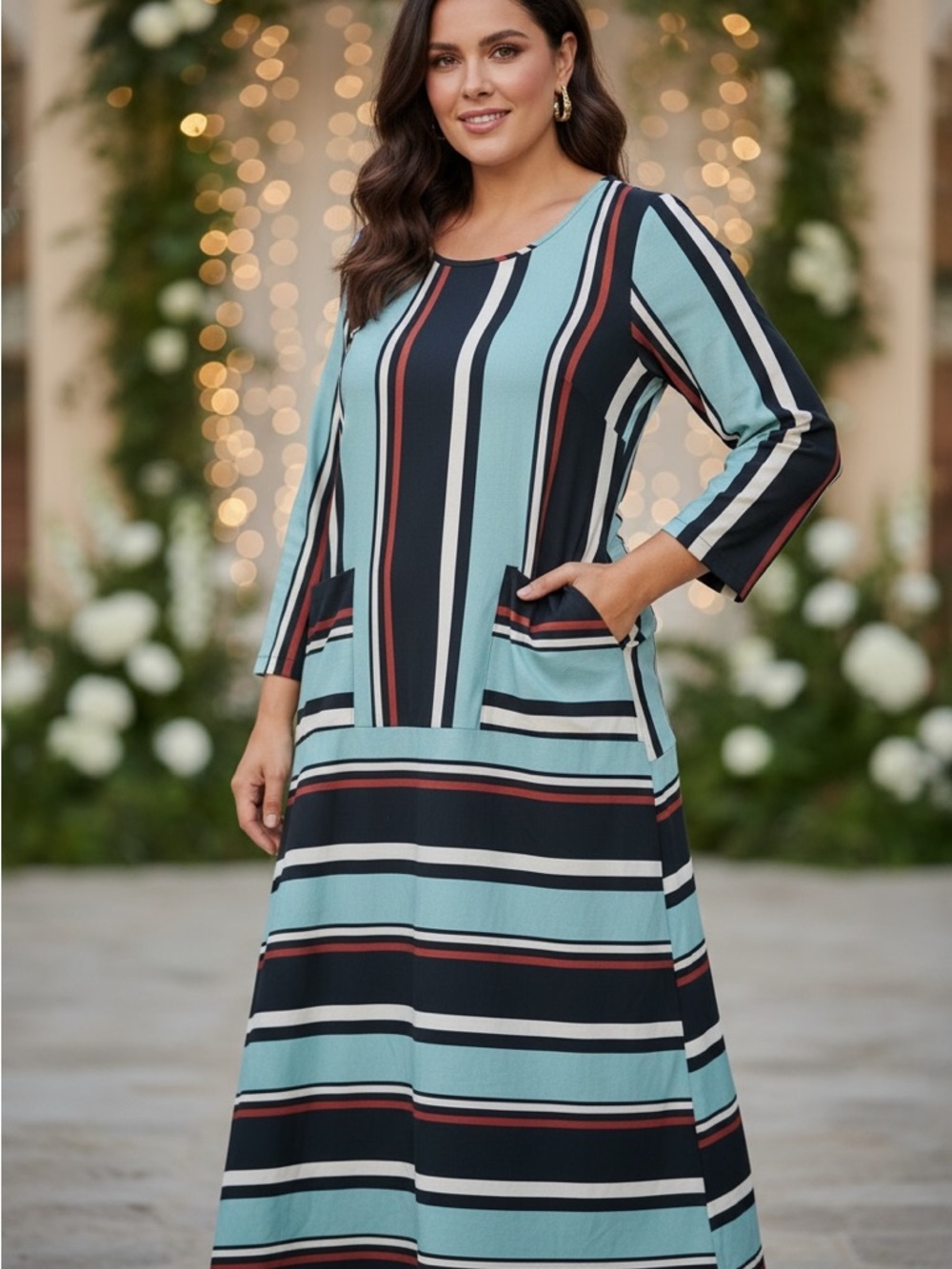 Striped Long-Sleeve Maxi Dress in Teal, Black and Rust